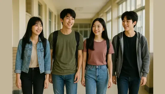 teenagers wearing casual clothes walking in school.webp