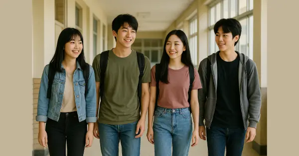 teenagers wearing casual clothes walking in school.webp