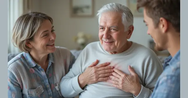a old folk get healed from chest pain with family companion