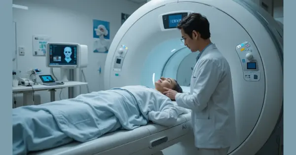 a patient lying on ct scan machine when doctor is explaining the steps