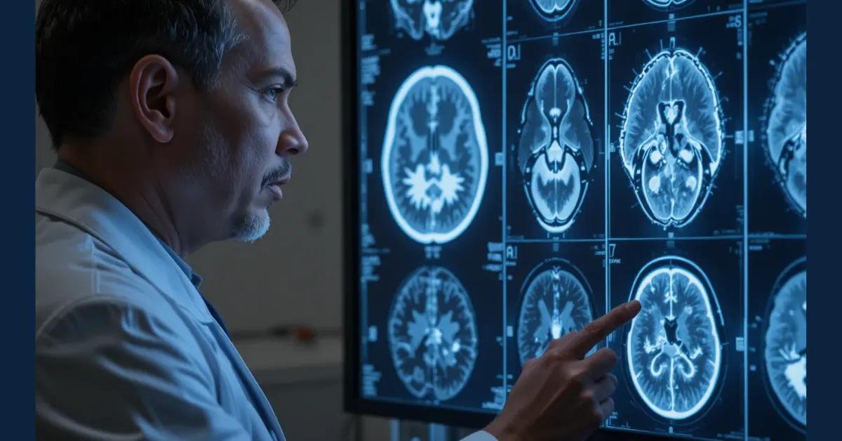 a brain surgeon is looking at the brain ct scan result 1