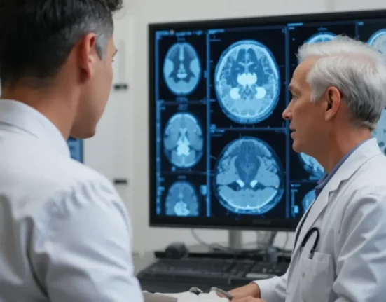a brain surgeon is looking at the brain ct scan result 2