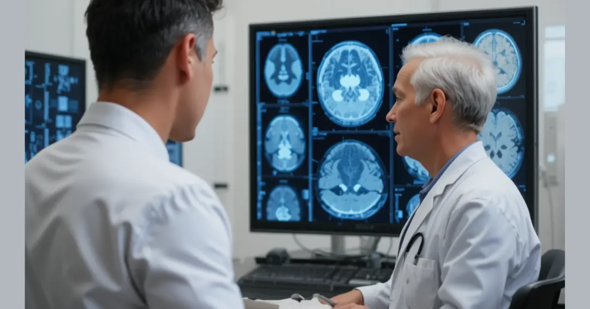 a brain surgeon is looking at the brain ct scan result 2