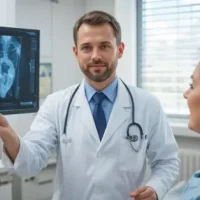 a doctor showinng diagnosis test result to his patient in clinic
