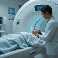 a patient lying on ct scan machine when doctor is explaining the steps